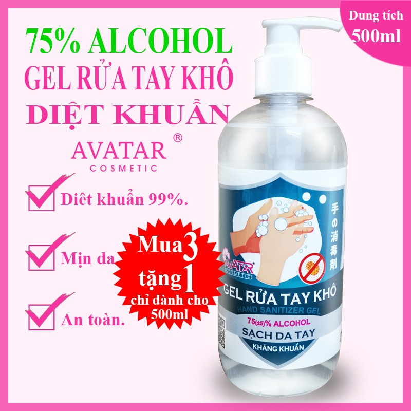 [Pasteur kiểm duyệt] Nước rửa tay khô Avatar 75% cồn - Diệt khuẩn tối đa - Mua 3 chai 500ml tặng 1 chai cùng dung tích