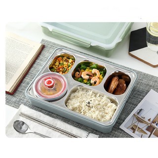 Hộp Cơm Văn Phòng Inox Bọc Nhựa 5 Ngăn Chịu Nhiệt Lò Vi Sóng Gọn Nhẹ Cao Cấp Kèm Bộ Thìa Đũa Inox hh156