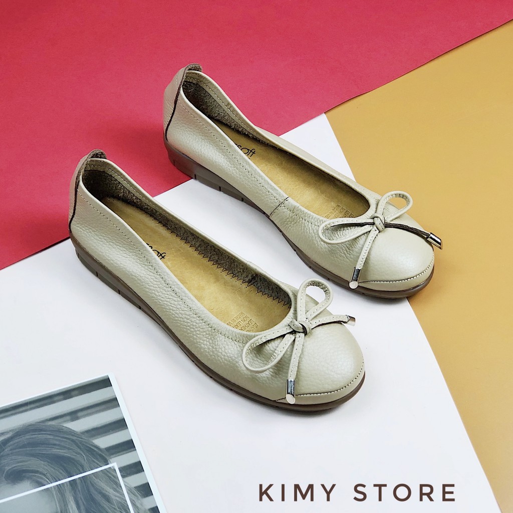 Giày bệt nữ VNXK da thật, giày búp bê nữ mũi tròn bẻ cong siêu nhẹ - Kimy Store