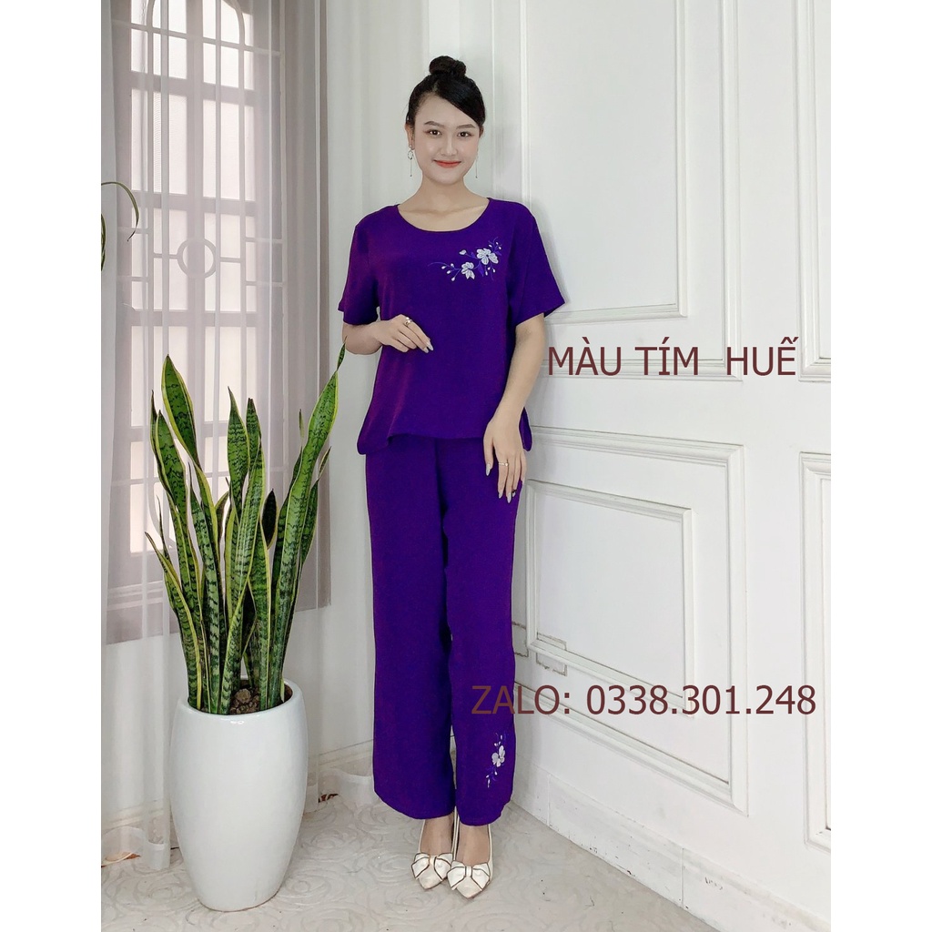 Bộ Đũi thêu hoa Trung niên cho bà cho mẹ Tay cộc Quần dài