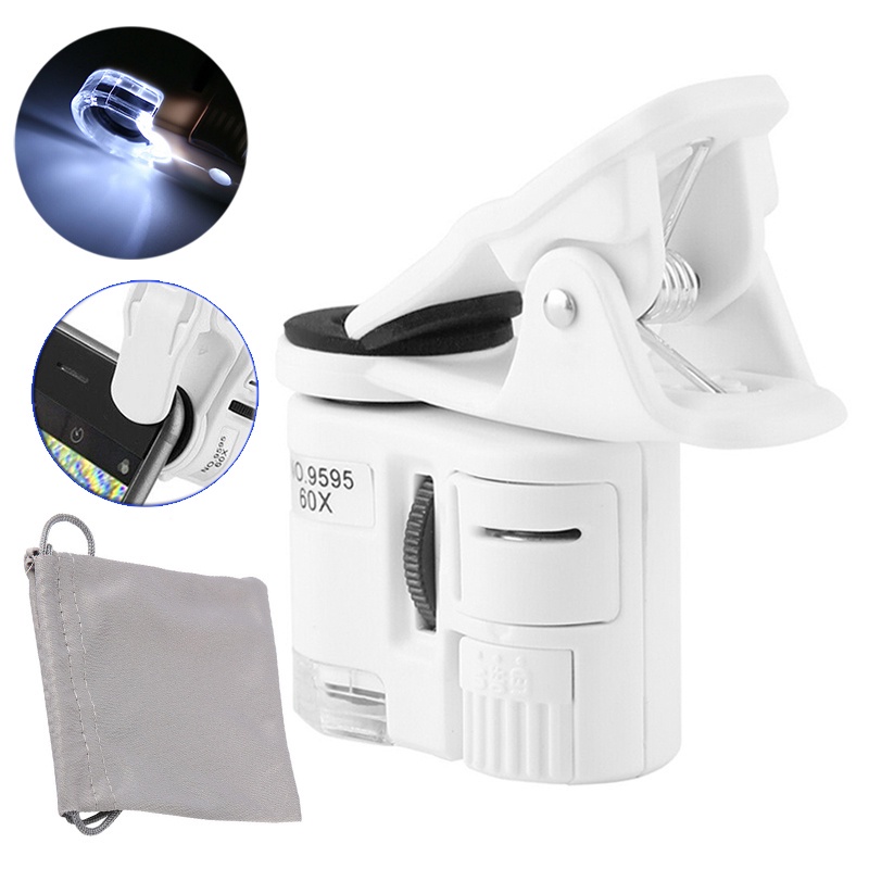 Kính hiển vi LED UV phóng to 60 lần có kẹp gắn điện thoại di động ☆Spdivine
