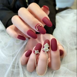 Bộ 24 móng tay giả nhám đỏ đô đính đá