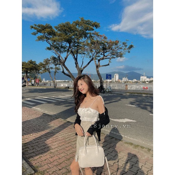 Navy dress - Đầm liền cột dây bèo nhún