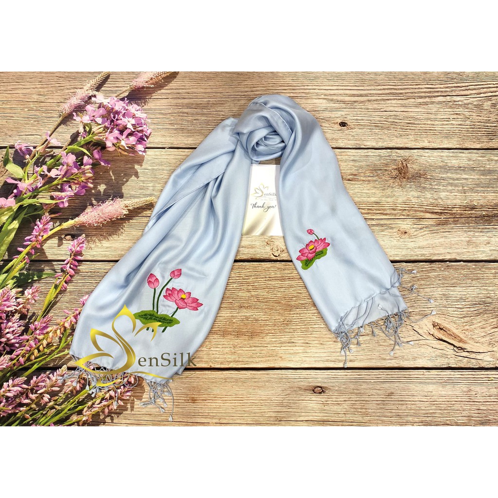 Khăn Lụa Cao Cấp SenSilk Thêu Tay Sen Việt 200x55cm, Quà Cho Người Nước Ngoài