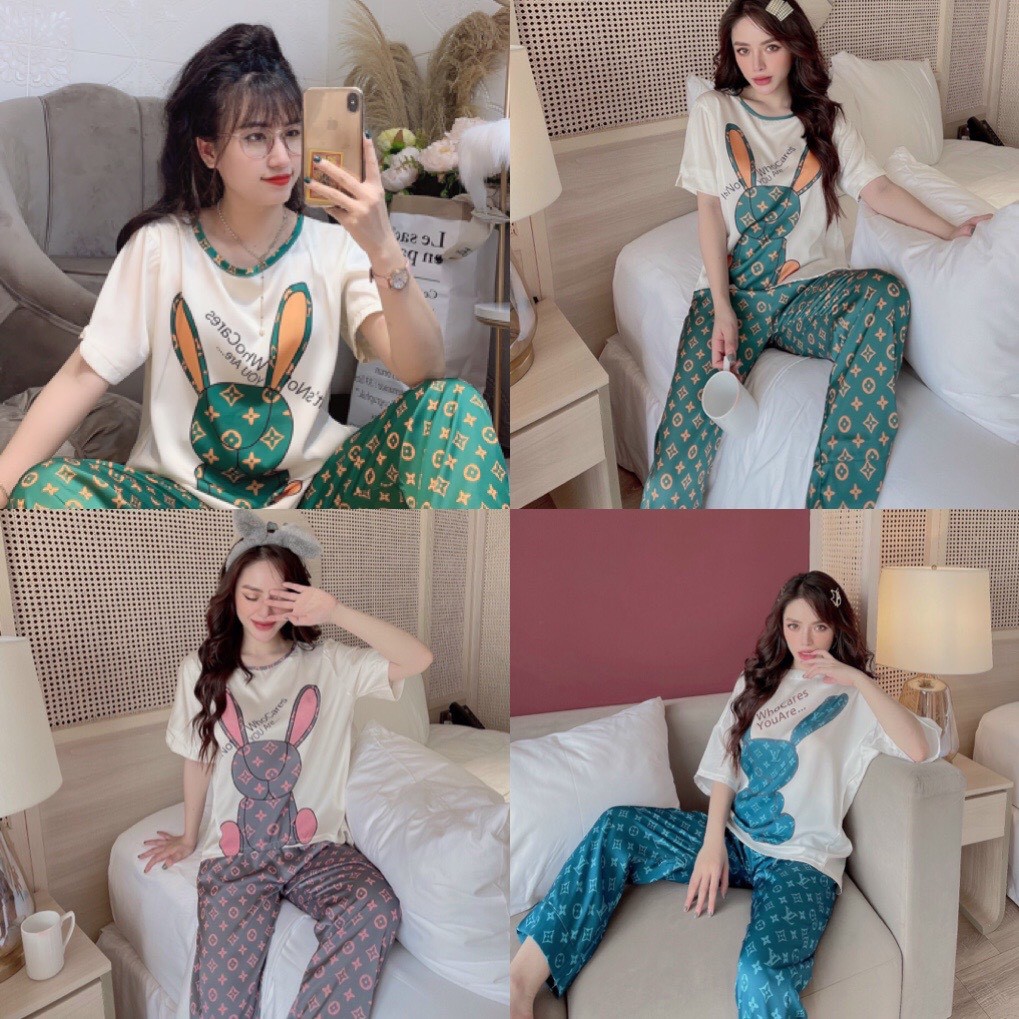 Bộ Đồ Ngủ Pijama Cổ Tròn Nam Nữ Mặc Ở Nhà Vải Lụa In Họa Tiết Phối Viền Cổ Chất Lượng, Cao Cấp, Trơn Cách Điệu