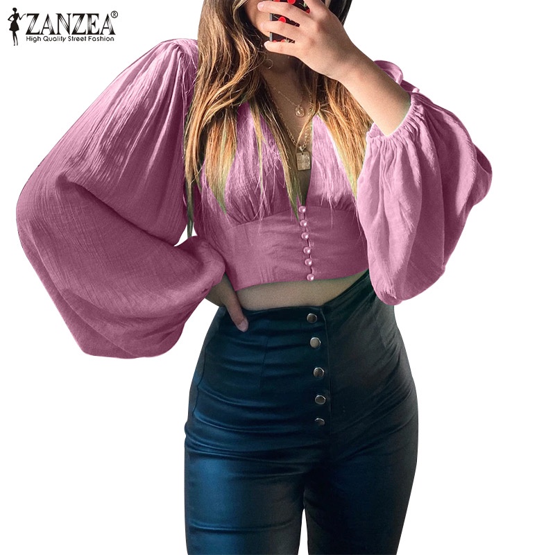 Áo kiểu ZANZEA tay dài cổ chữ V thời trang cho nữ