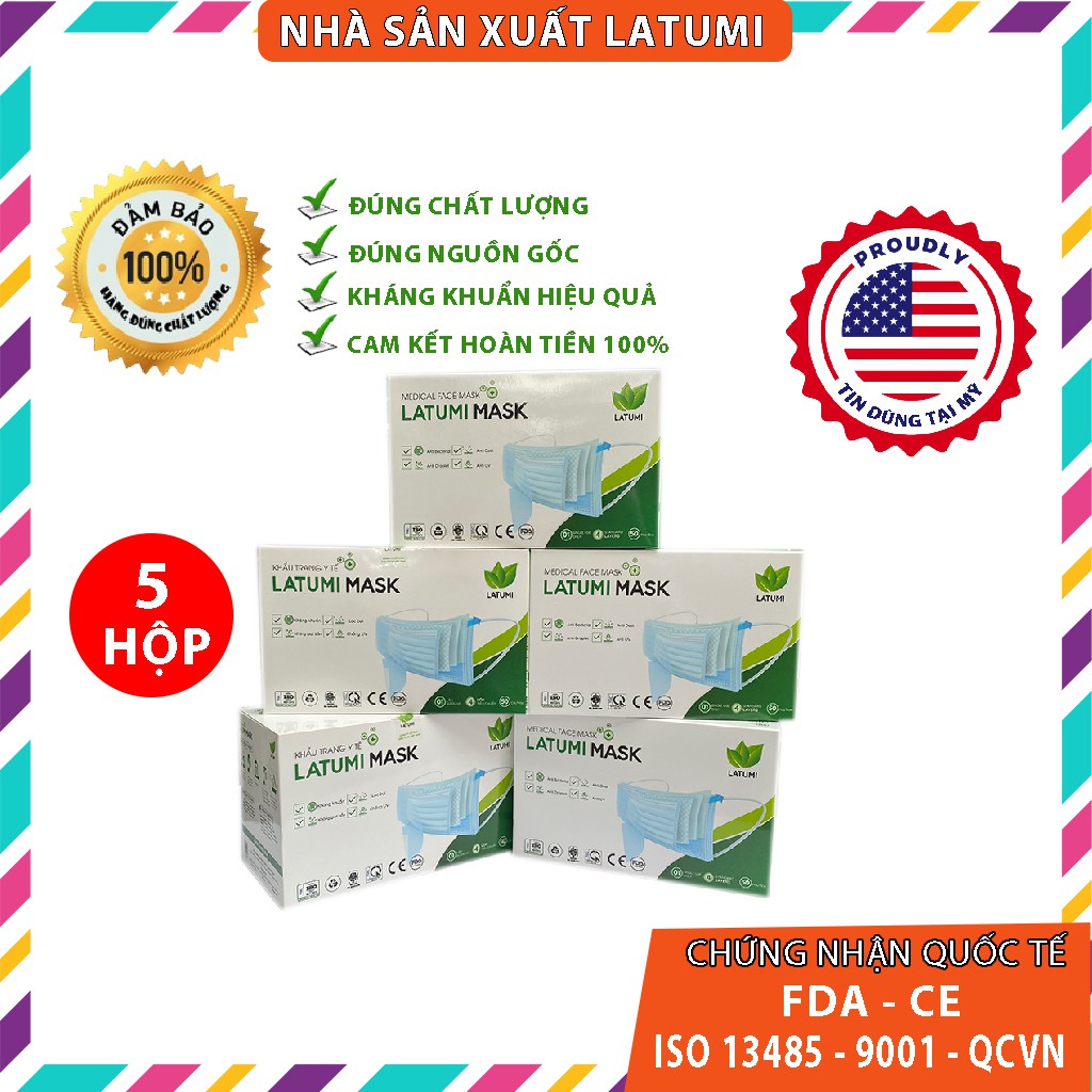 COMBO 5 HỘP Khẩu Trang Y Tế 4 Lớp Kháng Khuẩn LATUMI Hộp 50 Chiếc Ngăn Giọt Bắn, Chống Bụi và Tia UV