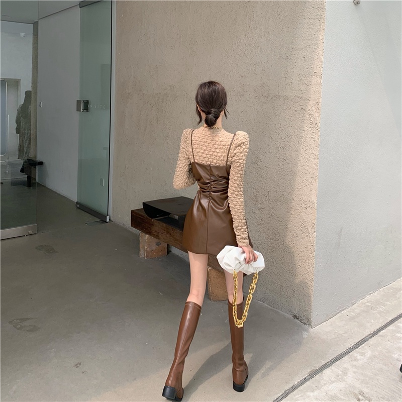 Bộ áo dài tay và đầm dây da PU sành điệu (có bán lẻ)