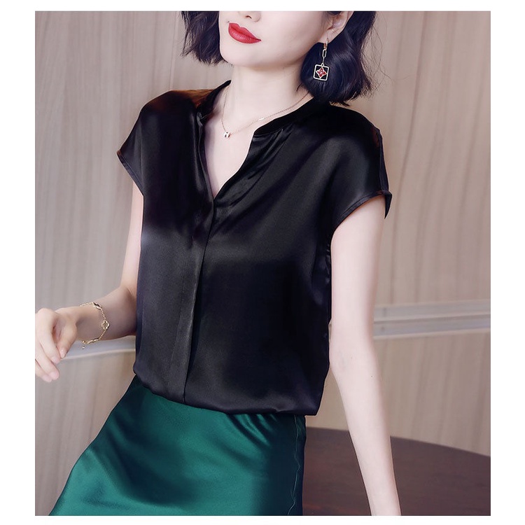 Áo voan cổ chữ v tay ngắn dáng rộng thời trang mùa hè dành cho nữ trung niên