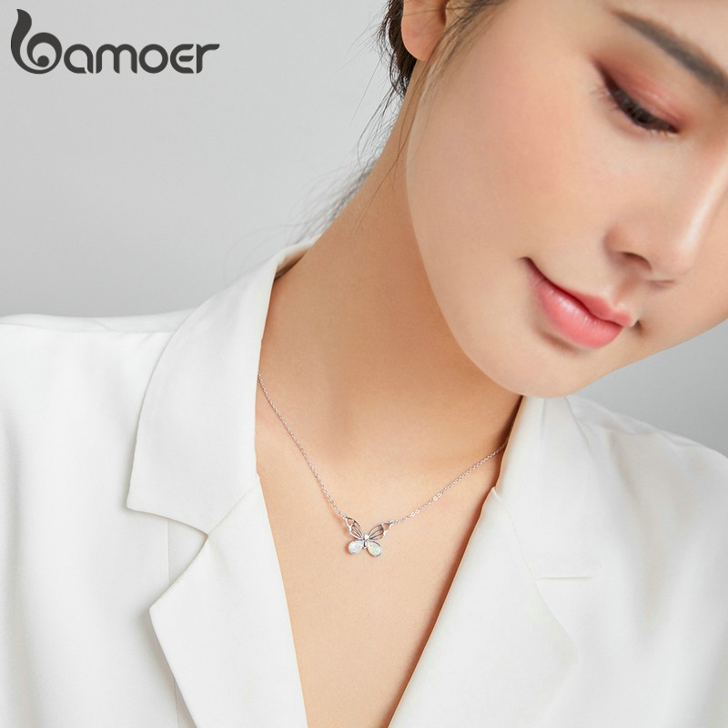 Dây Chuyền Bamoer BSN216 Bạc Sterling 925 Mặt Hình Bướm Đính Đá Màu Trắng Sang trọng Cho Nữ