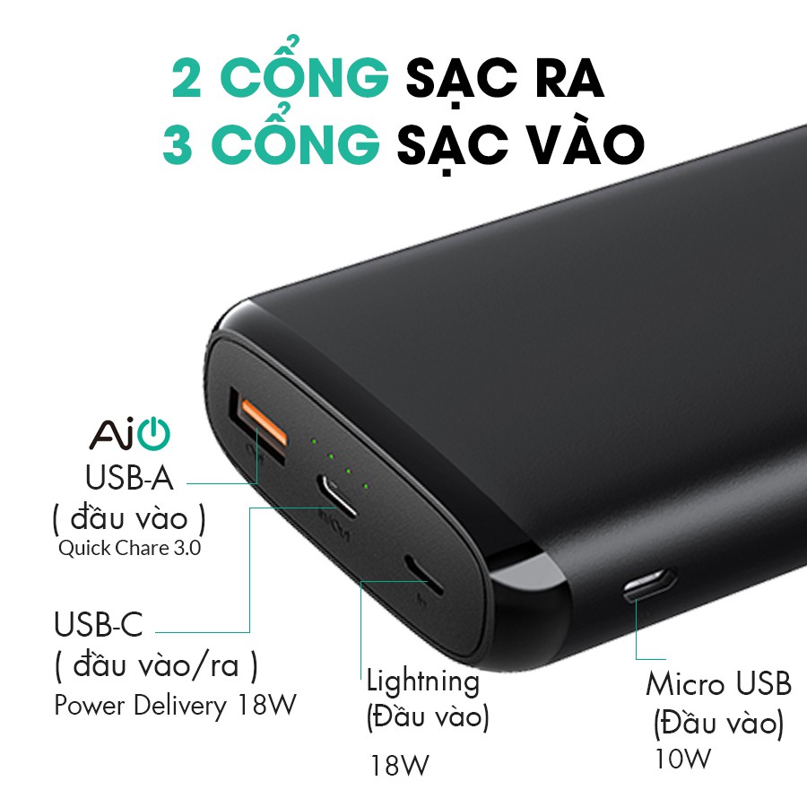 Pin Sạc Dự Phòng Aukey 20000mAh 2 Cổng AiPower Tích Hợp Cổng Type C In/Out 15W - PB-XN20