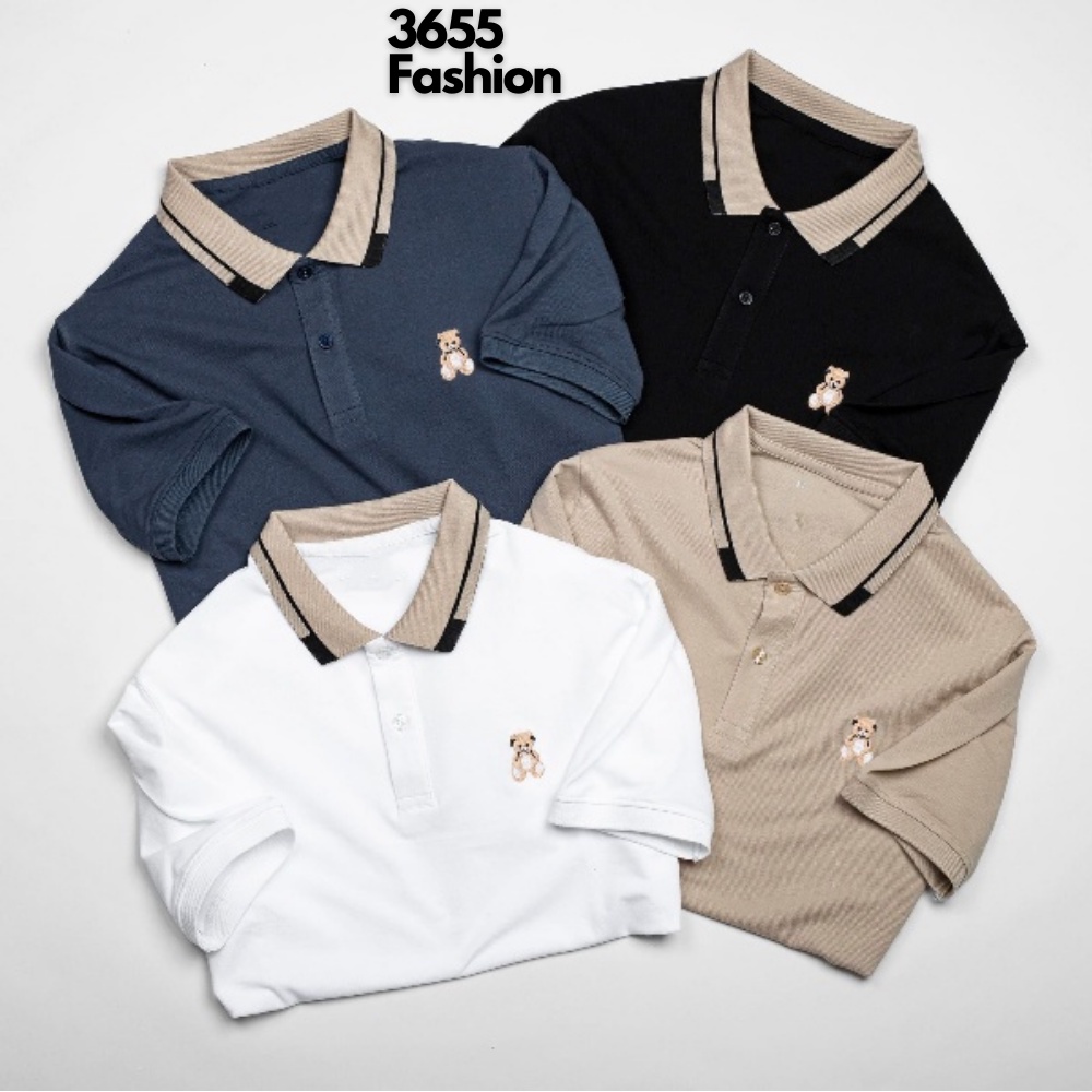 Áo Polo Nam tay ngắn cổ điển thêu gấu teddy, Áo thun chất cotton cá sấu dày dặn mặc thoáng mát, sang trọng