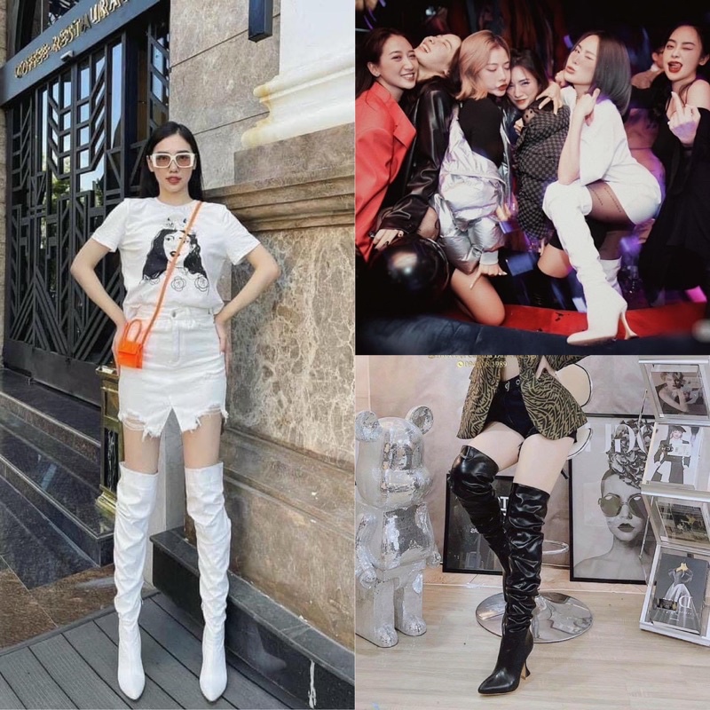 Boot đùi nhún cao gót mũi nhọn