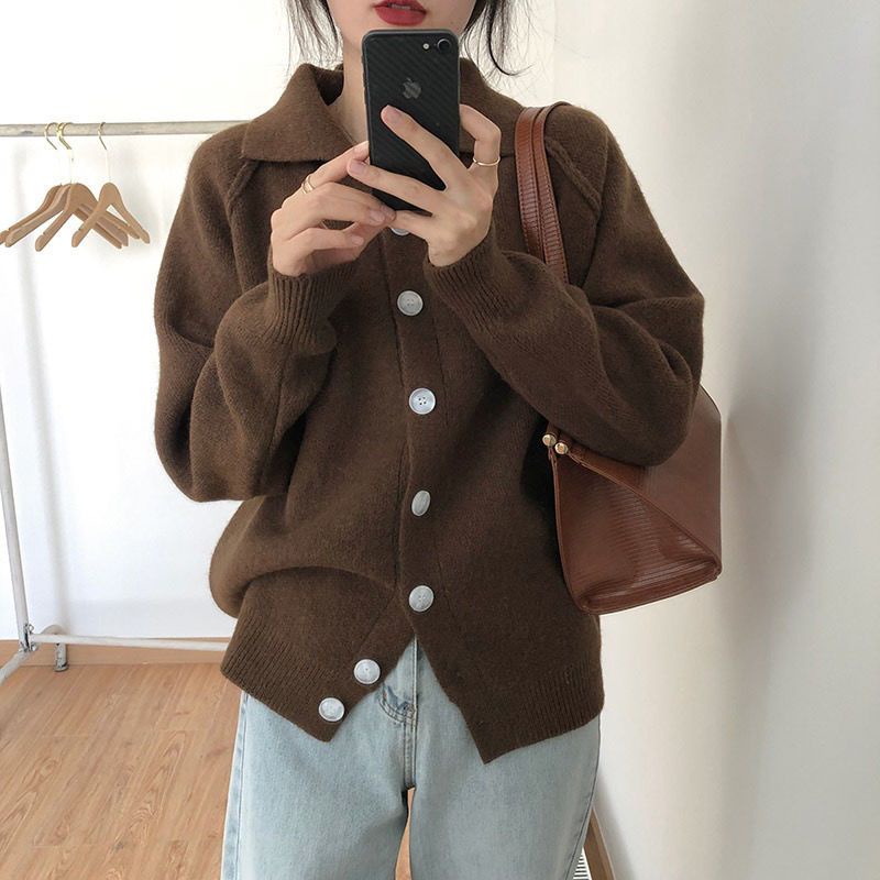 Áo khoác sweater dáng rộng trơn màu cài nút có cổ bẻ phong cách cổ điển