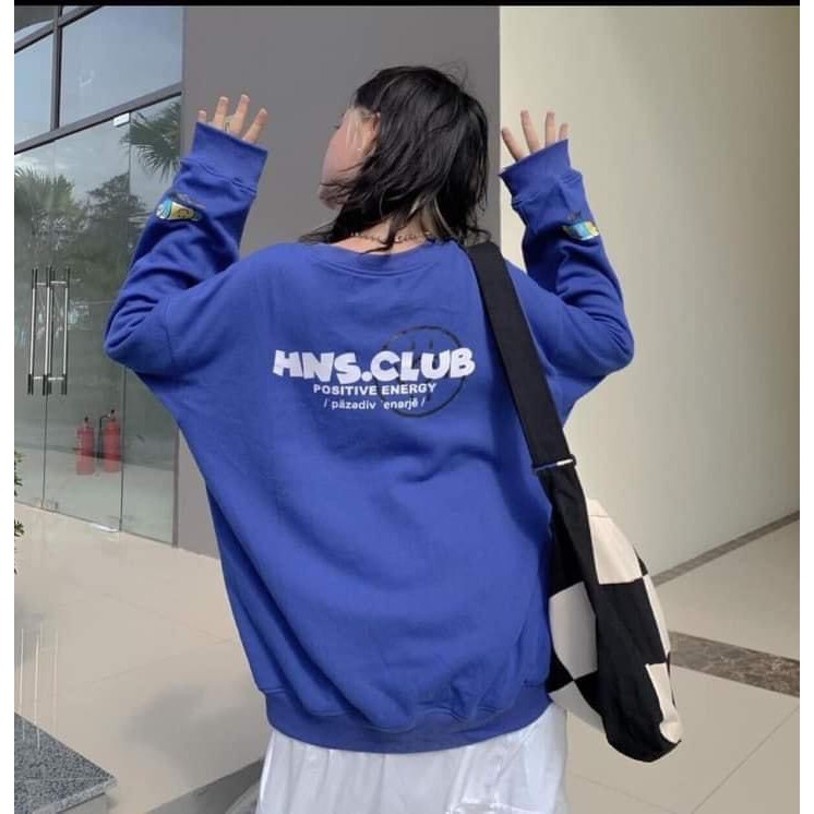 Áo sweater nỉ tay bồng unnisex Happy Sad màu xanh coban_Áo nỉ bông nam nữ basic, cá tính, hottend