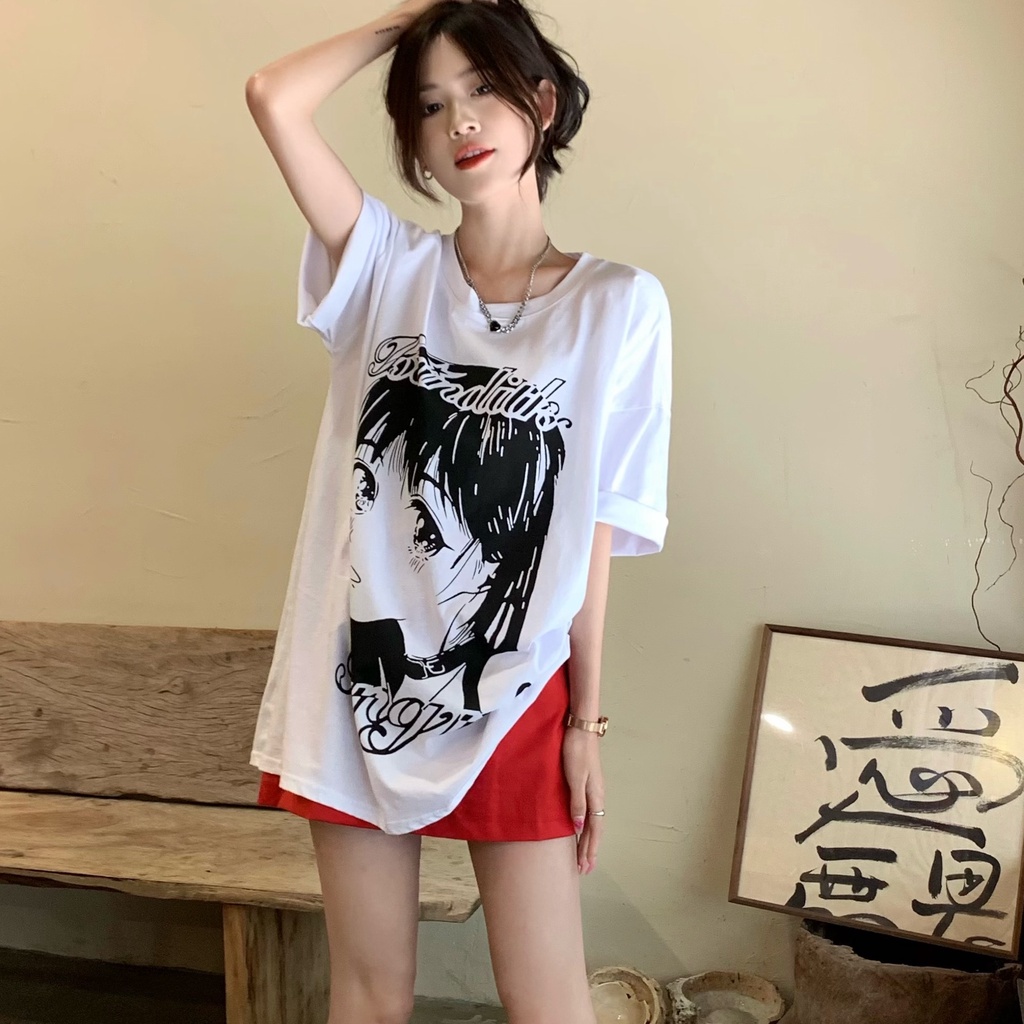 SUXI Áo Thun Tay Ngắn Cổ Tròn Dáng Rộng In Họa Tiết Thời Trang Mùa Hè Xinh Xắn Cho Nữ