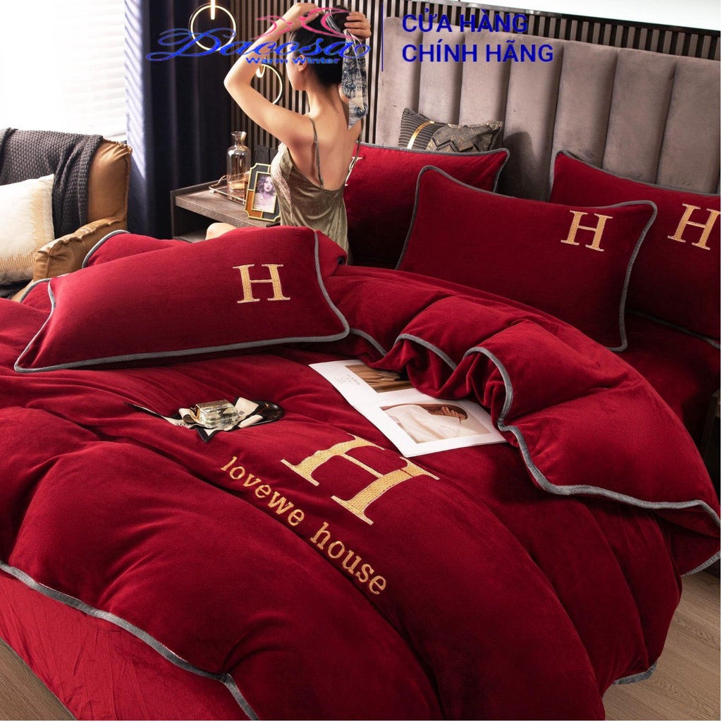 Bộ chăn ga gối nỉ thêu Lovewe House DWW-HOUSE 03 cao cấp vải dày mịn