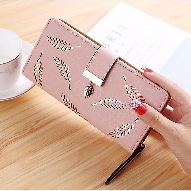 Ví bóp nữ nhiều ngăn họa tiết chiếc lá BOTUSI 0045 - Hồng