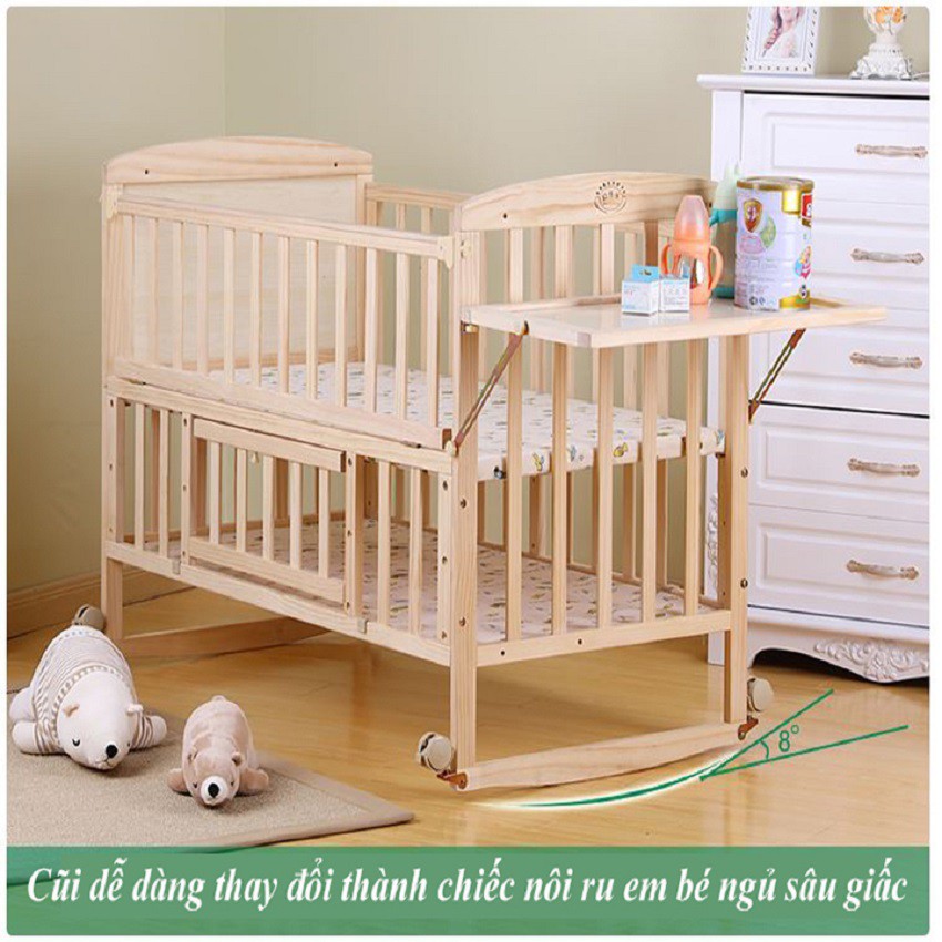 ( Tặng Màn)  Giường cũi gỗ thông  cỡ đại size 120*70*102cm.Cũi gỗ 2 tầng kèm 1 bàn ăn và 1 bàn thay tã cho bé HAPPY HOME