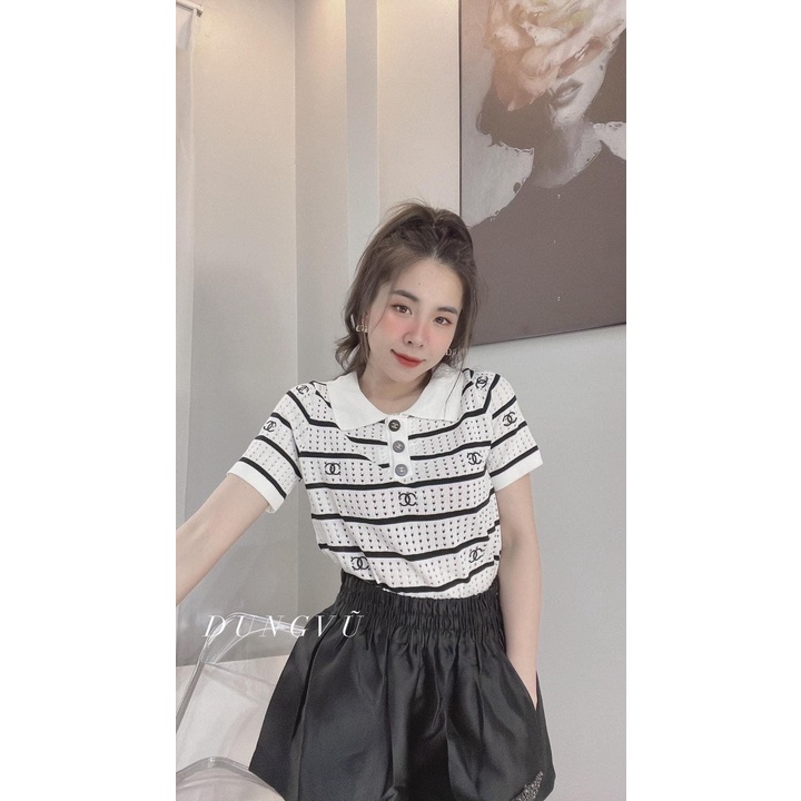 Áo len mtg kẻ cổ đức hoạ tiết CHANEL