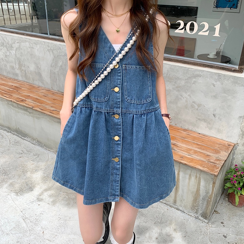 Đầm Denim Sát Nách Cổ Chữ V Dáng Chữ A Phong Cách Retro Mới 44819