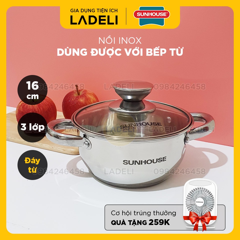 Nồi inox 3 đáy SUNHOUSE SH22116 vung kính đáy từ size 16cm