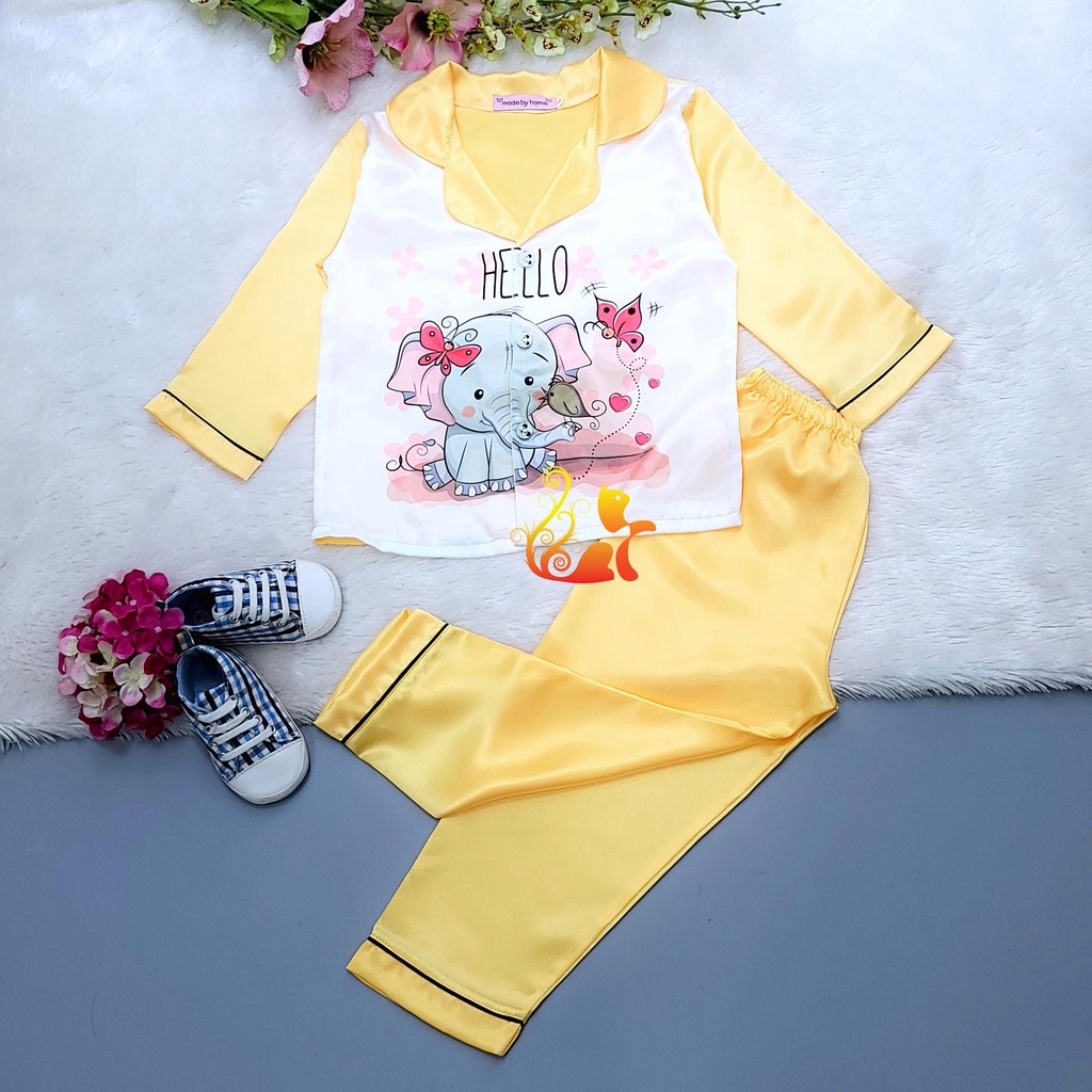 Bộ Đồ Pijama Phi Lụa "Hình Voi" Tay Dài Cho Bé - Từ 12kg - 42kg.