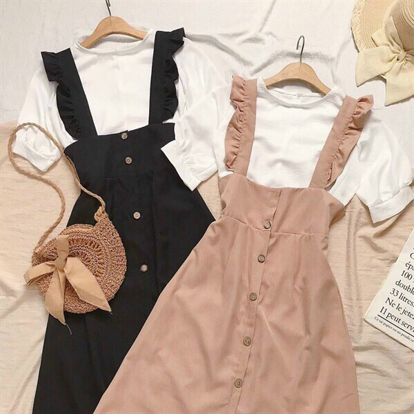 Đầm yếm nữ hở lưng thiết kế tinh tế, đầm dáng dài dự tiệc phối kèm thun set 2 món sang trọng phong cách dễ thương