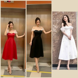 Váy trắng, đỏ, đen trễ vai lụa mango – đầm dự tiệc midi