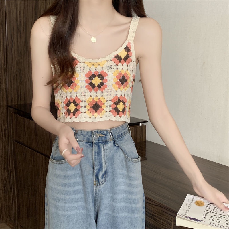 Áo Hai Dây Nhỏ Ngắn Thêu Họa Tiết Hoa Màu Sắc Retro Thời Trang Mùa Hè Cho Nữ