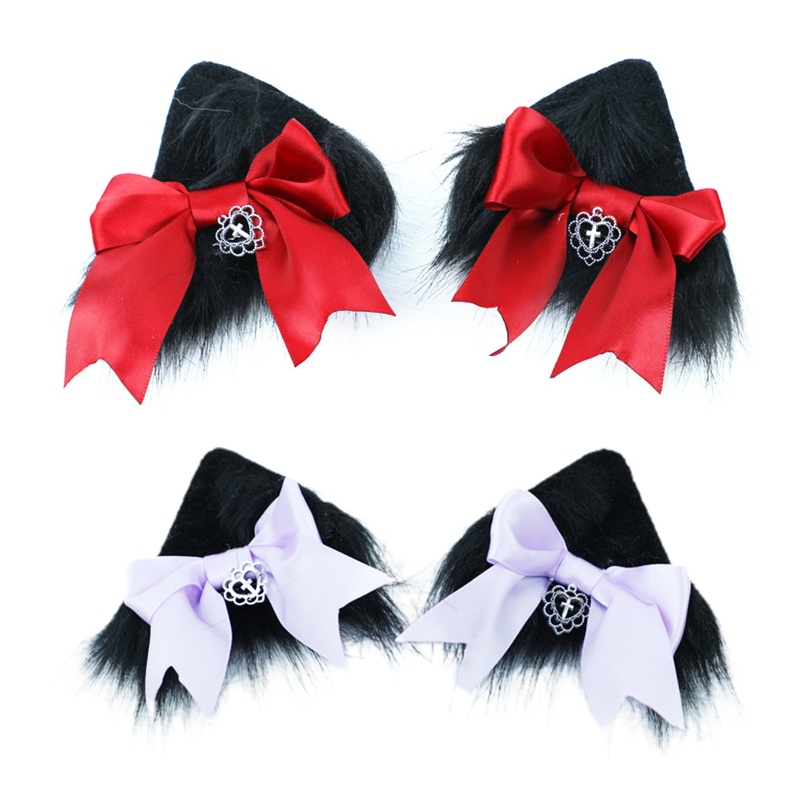 Kẹp Tóc Nơ Tai Mèo Phối Lông Hóa Trang Lolita