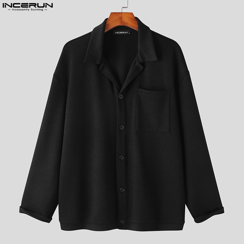Áo sơ mi INCERUN dài tay màu trơn họa tiết kẻ sọc phối hàng nút thời trang cho nam