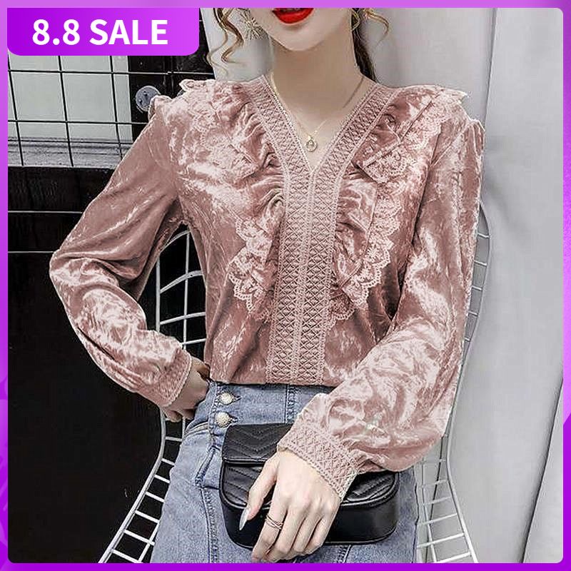 Áo nhung phối ren cổ chữ V phong cách retro Hàn Quốc thoải mái thời trang thu đông cho nữ 2021