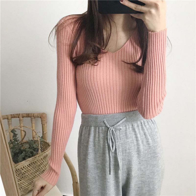 Áo Sweater dệt kim tay dài cổ chữ V thiết kế đơn giản | BigBuy360 - bigbuy360.vn