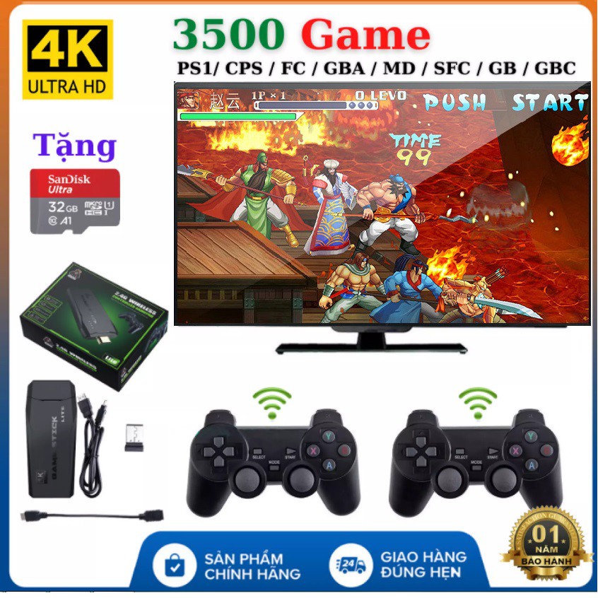 Máy Chơi Game 4 Nút Không Dây- Máy Chơi Game Không Dây Cổng HDMI 4K, Có Sẵn 3500 Game, Hỗ Trợ Tải Game Dạng CPS/ FC/ GBA