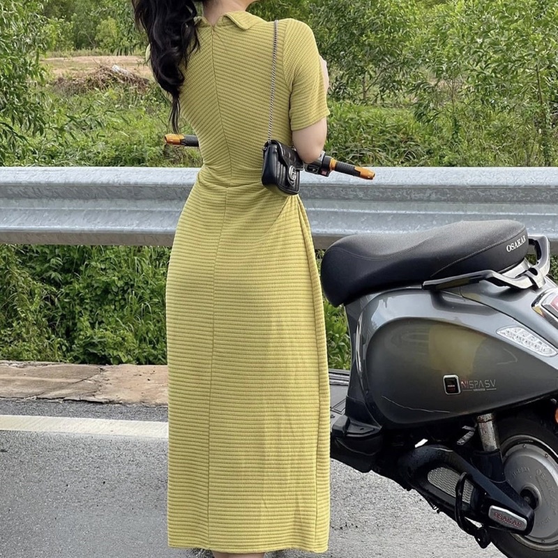 Váy Polo Body Nhún Hông Dáng Dài Len Xốp Màu Xanh Bơ