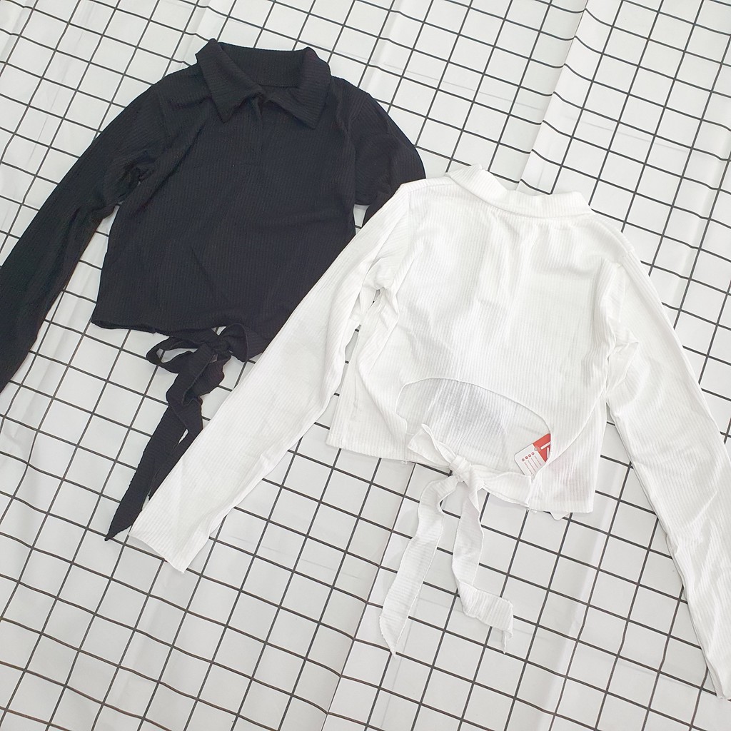 Áo ôm tay dài, croptop, cổ V, hở lưng, phía sau cột dây quyến rũ, tay lửng, ÁO GÂN CỔ BẺ CỘT NƠ LƯNG