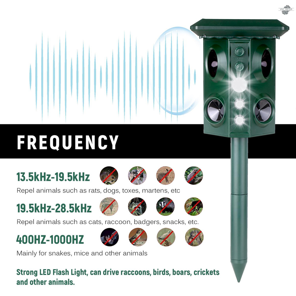 Solar Ultrasonic Animal Repeller with Motion Sensor and Flashing Light  Adjustable Frequency Waterproof Outdoor Electronic Deterrent for Rabbit Squirrel