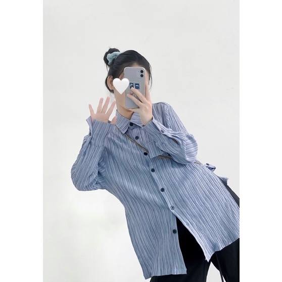Áo Sơ Mi Rayon Tay Dài Xanh Sọc Gân Tím Minipie
