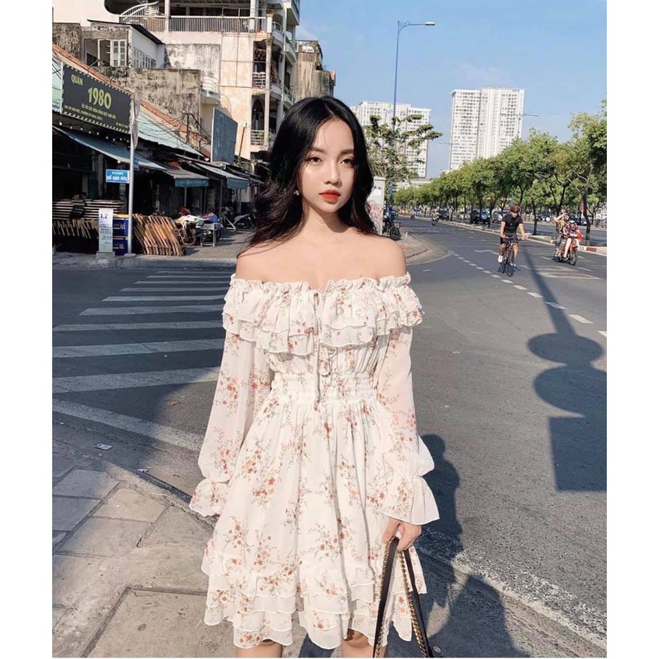 Váy hoa nhí trễ vai thắt nơ chun eo dài tay ulzzang