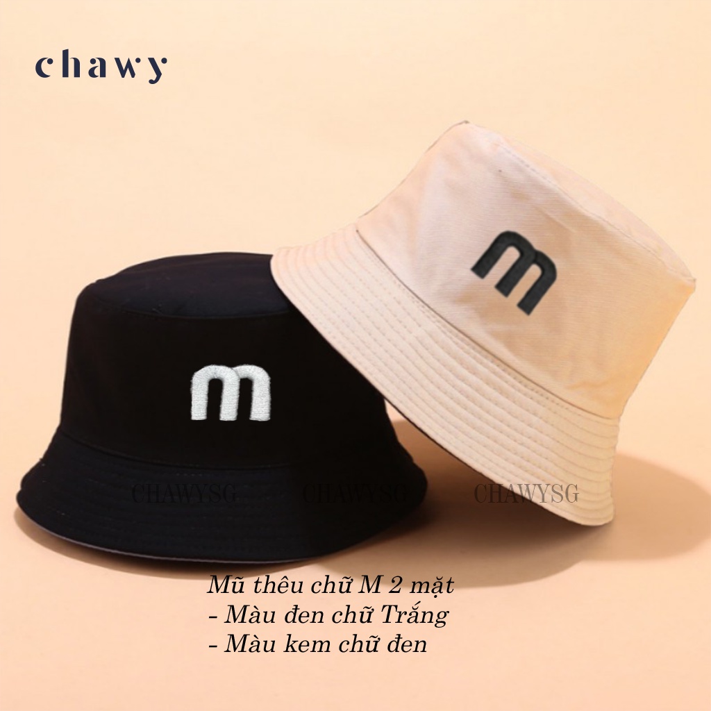 Mũ bucket vành tròn 2 mặt thêu chữ M, nón bucket chất kaki cao cấp thời trang form unisex Chawy.SG