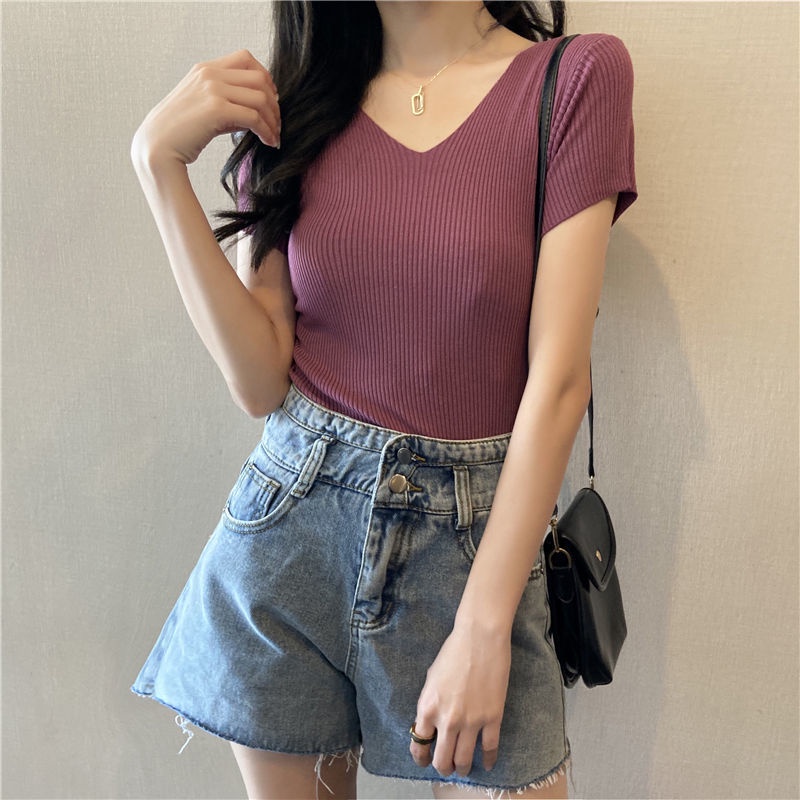 Fashion V-neck ice silk short-sleeved bottoming sweater thin top solid color T-shirt women's short-sleeved