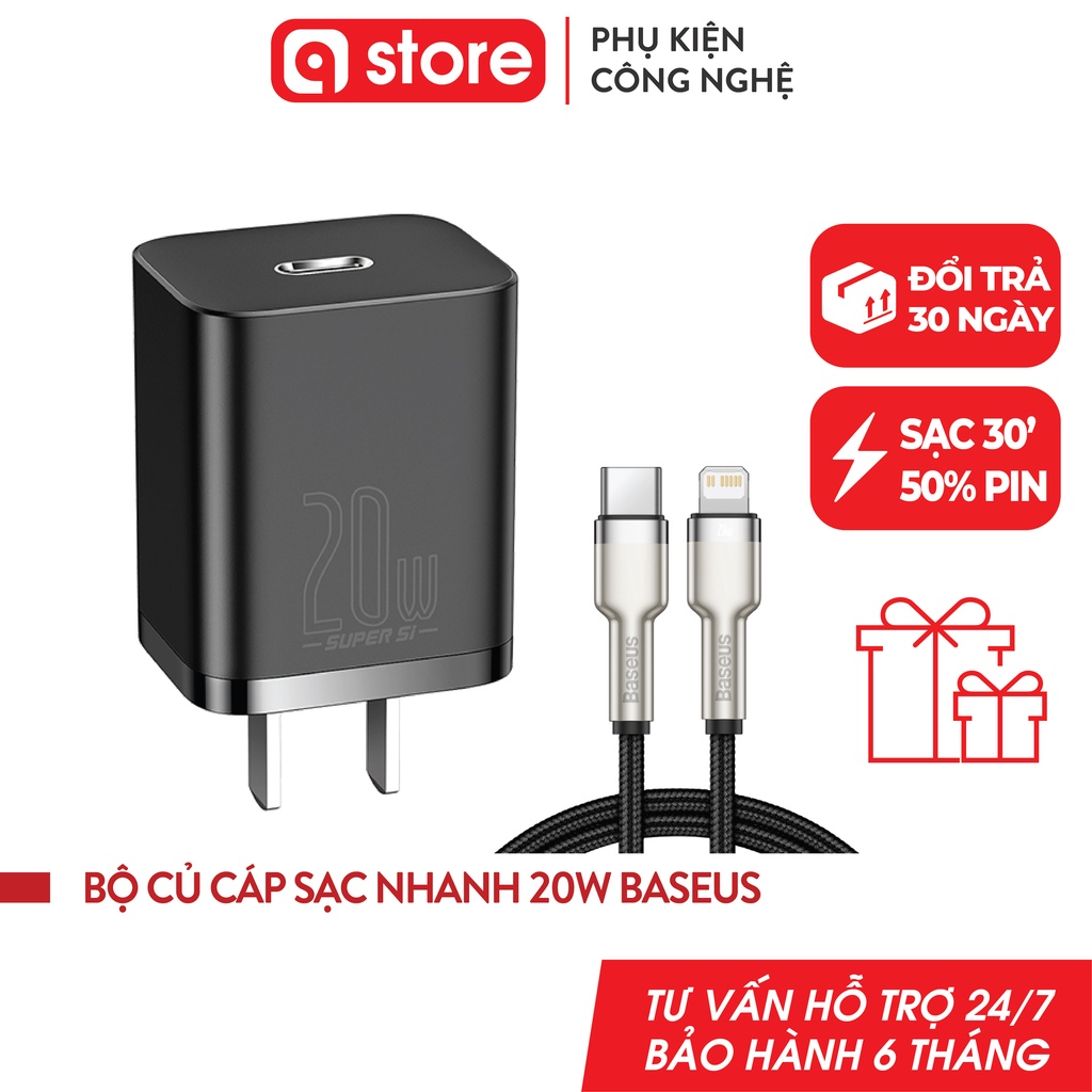 Bộ sạc nhanh Baseus 20W super Si cho iphone 11/12promax - Cáp sạc type C to lighting bọc dù PC, QC 3.0 20W/18W