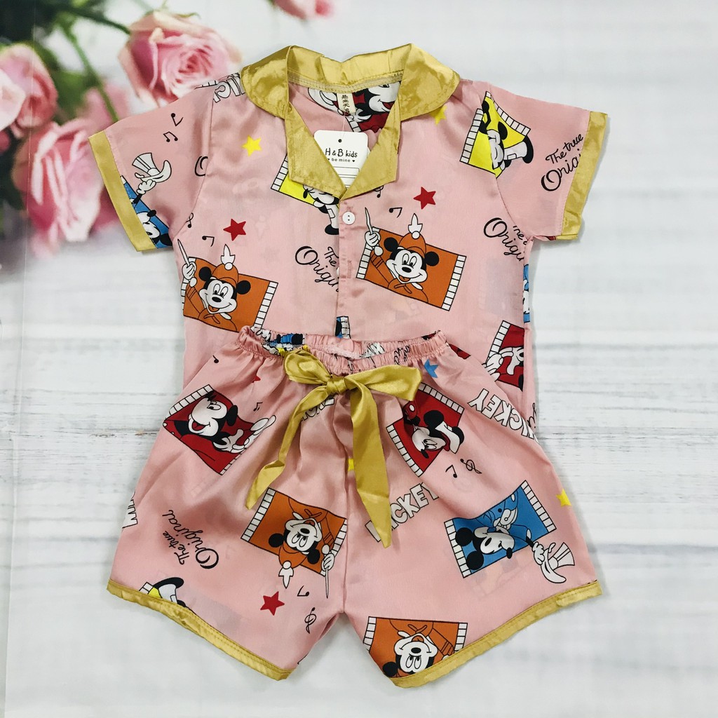 Bộ ngủ pijama lụa satin cộc tay cho bé gái size 14kg-28kg