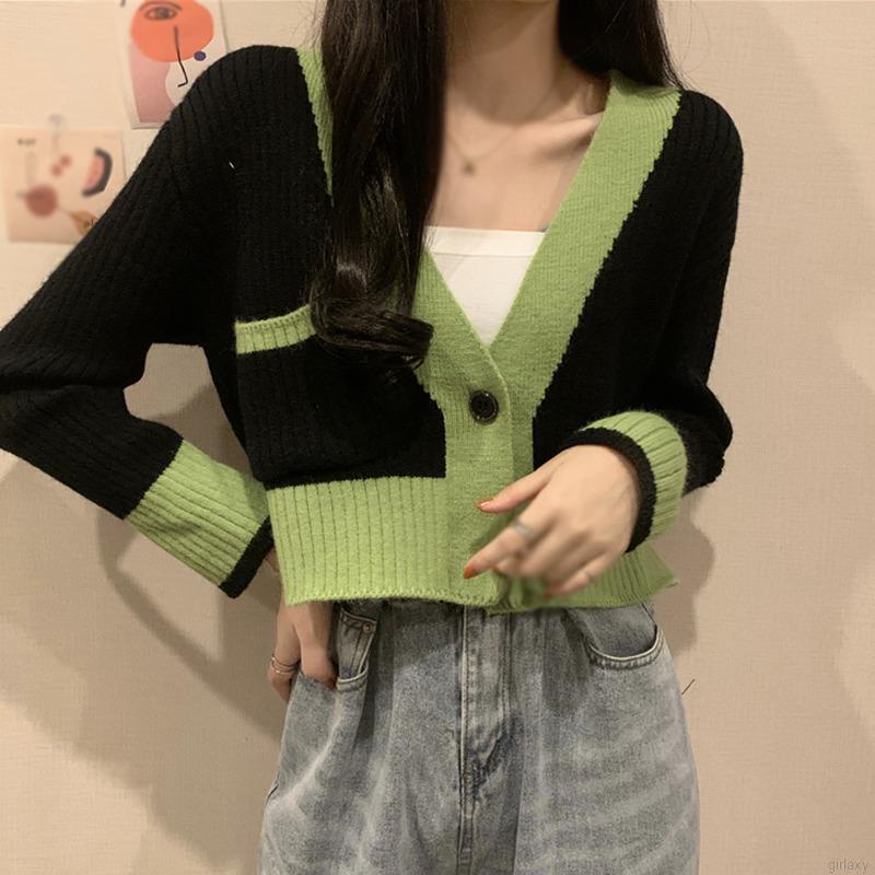 Áo Khoác Cardigan Dệt Kim Tay Dài Phối Màu Tương Phản Phong Cách Retro Hàn Quốc Cho Nữ