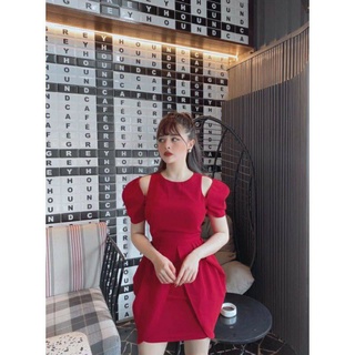 Đầm body, váy body đỏ khoét hở vai tay lỡ phồng tà đắp thời trang nữ sang trọng