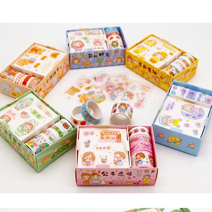 Hộp 8 món washi tape + sticker nhiều hình cute dễ thương trang trí sổ tay nhật ký đáng yêu đa năng CREAMY