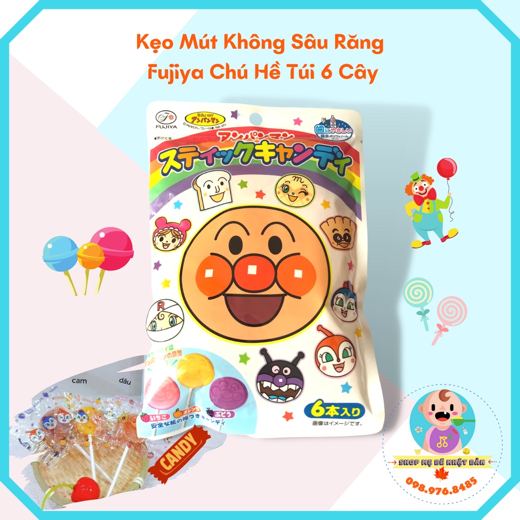 Kẹo Mút Trái Cây Không Sâu Răng | Kẹo Mút Fujiya Chú Hề Túi 6 Cây