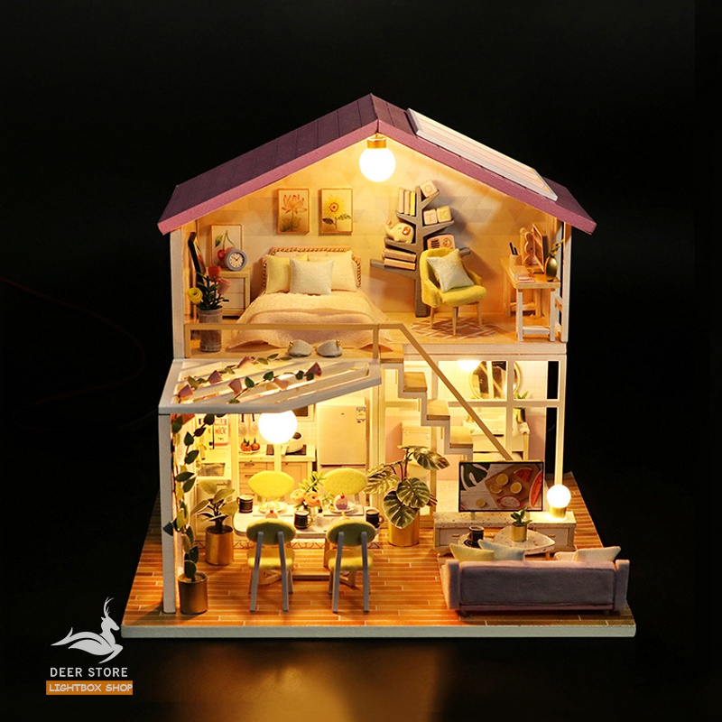 Nhà búp bê Tự làm bằng gỗ Diy [Nhà có nội thất &amp; đèn LED] Tặng Dụng cụ + Keo dán | M2001