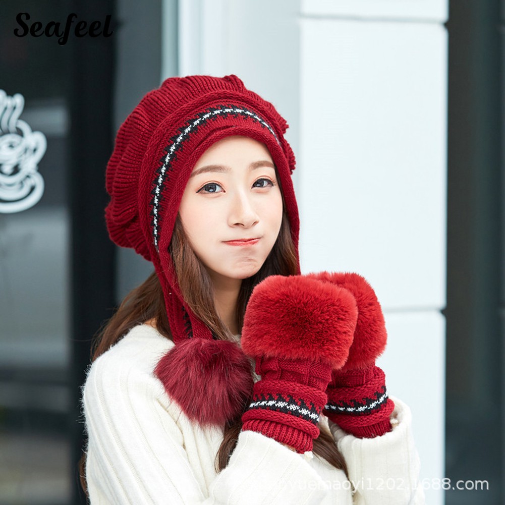 Set 3 Nón Len Trùm Đầu Và Găng Tay Len Dày Ấm Áp